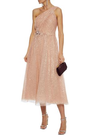 Marchesa Notte One-shoulder Floral-appliquéd Glittered Tulle Gown In Rose Gold