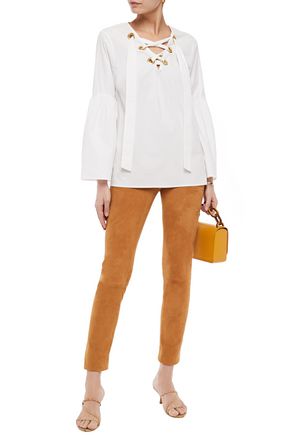 MICHAEL MICHAEL KORS LACE-UP STRETCH COTTON-POPLIN BLOUSE,3074457345622138673