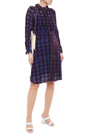 Shop Carven Gathered Devoré-velvet Shirt Dress In Indigo