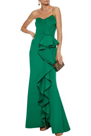 Shop Badgley Mischka Strapless Ruffled Scuba Gown In Green