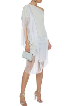 RICK OWENS ONE-SHOULDER FRINGED PVC-PANELED STRETCH-JERSEY TOP,3074457345622245695
