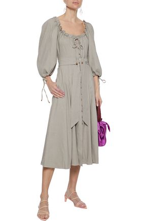 Jonathan Simkhai Belted Ruffle-trimmed Linen-blend Midi Dress In Stone