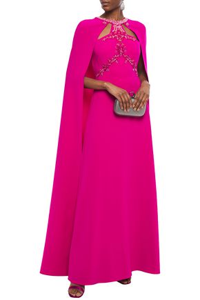 Shop Marchesa Notte Cape-effect Embellished Cady Gown In Fuchsia