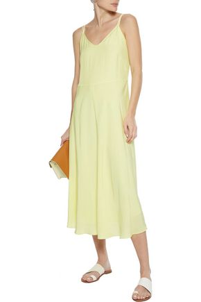 Vince Double Layer Crinkled Satin-twill Midi Dress In Yellow