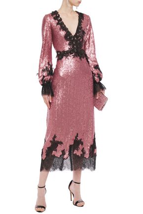 Costarellos Chantilly Lace-trimmed Appliquéd Sequined Tulle Midi Dress In Pink