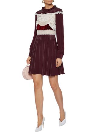 Shop Valentino Velvet-trimmed Chantilly Lace-paneled Silk-jersey Mini Dress In Burgundy