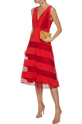 VALENTINO PINTUCKED WASHED-SILK AND CHANTILLY LACE MIDI DRESS,3074457345622353674