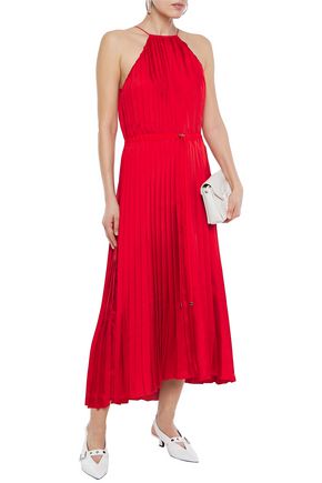 Shop Tibi Mendini Pleated Satin-twill Midi Dress In Red