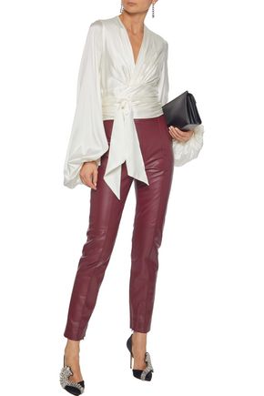 ALEXANDRE VAUTHIER ALEXANDRE VAUTHIER WOMAN GATHERED SILK-BLEND SATIN WRAP BLOUSE OFF-WHITE,3074457345622398159