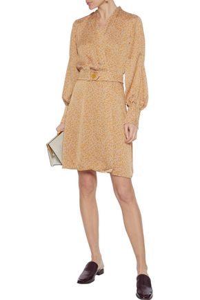 Equipment Fanetta Belted Floral-print Washed-satin Mini Wrap Dress In Mustard