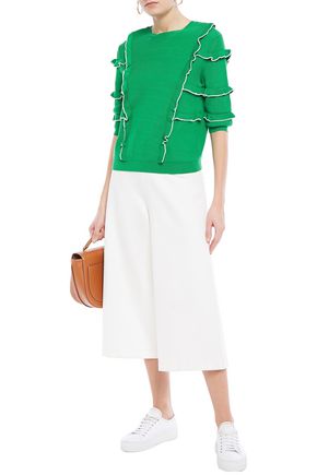 VALENTINO RUFFLE-TRIMMED RIBBED-KNIT TOP,3074457345622403180