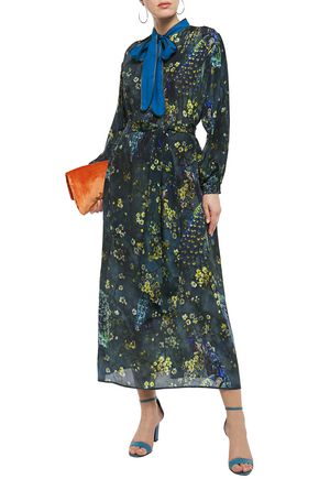 F.r.s For Restless Sleepers Brizio Pussy-bow Printed Crepe De Chine Maxi Dress In Petrol