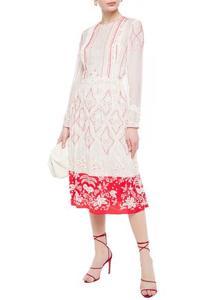 VALENTINO EMBELLISHED EMBROIDERED COTTON AND SILK-BLEND MIDI DRESS,3074457345622454173