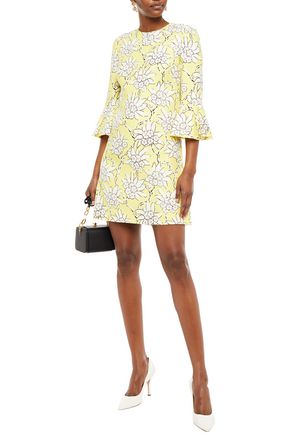 VALENTINO FLUTED FLORAL-PRINT WOOL AND SILK-BLEND CREPE MINI DRESS,3074457345633412128