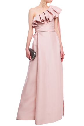 Valentino One-shoulder Belted Ruffled Silk-gazar Gown In Pastel Pink