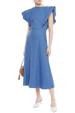 Anna Quan Zara Ruffled Crinkled-jacquard Midi Dress In Blue