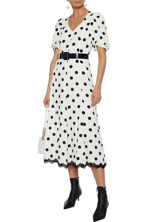 Andrew Gn Belted Lace-trimmed Polka-dot Silk-crepe Midi Dress In White