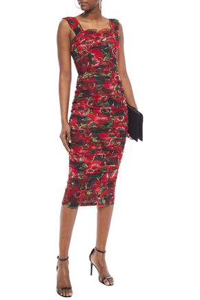 Dolce & Gabbana Ruched Floral-print Cotton-mesh Midi Dress In Claret