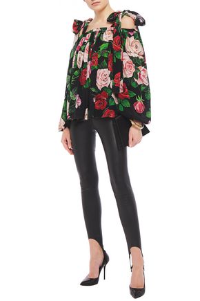 Click to view more detailed imagery on our partner's website Dolce & Gabbana Cold-shoulder Floral-print Silk Crepe De Chine Blouse In Black