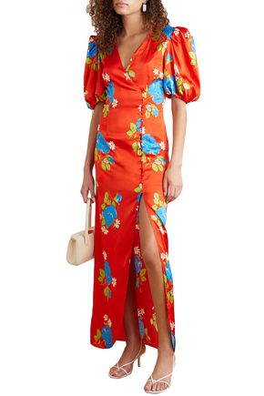 Click to view more detailed imagery on our partner's website De La Vali Ohio Floral-print Satin Maxi Dress In Tomato Red