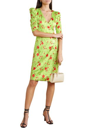 Click to view more detailed imagery on our partner's website De La Vali Minnesota Floral-print Satin Wrap Dress In Lime Green