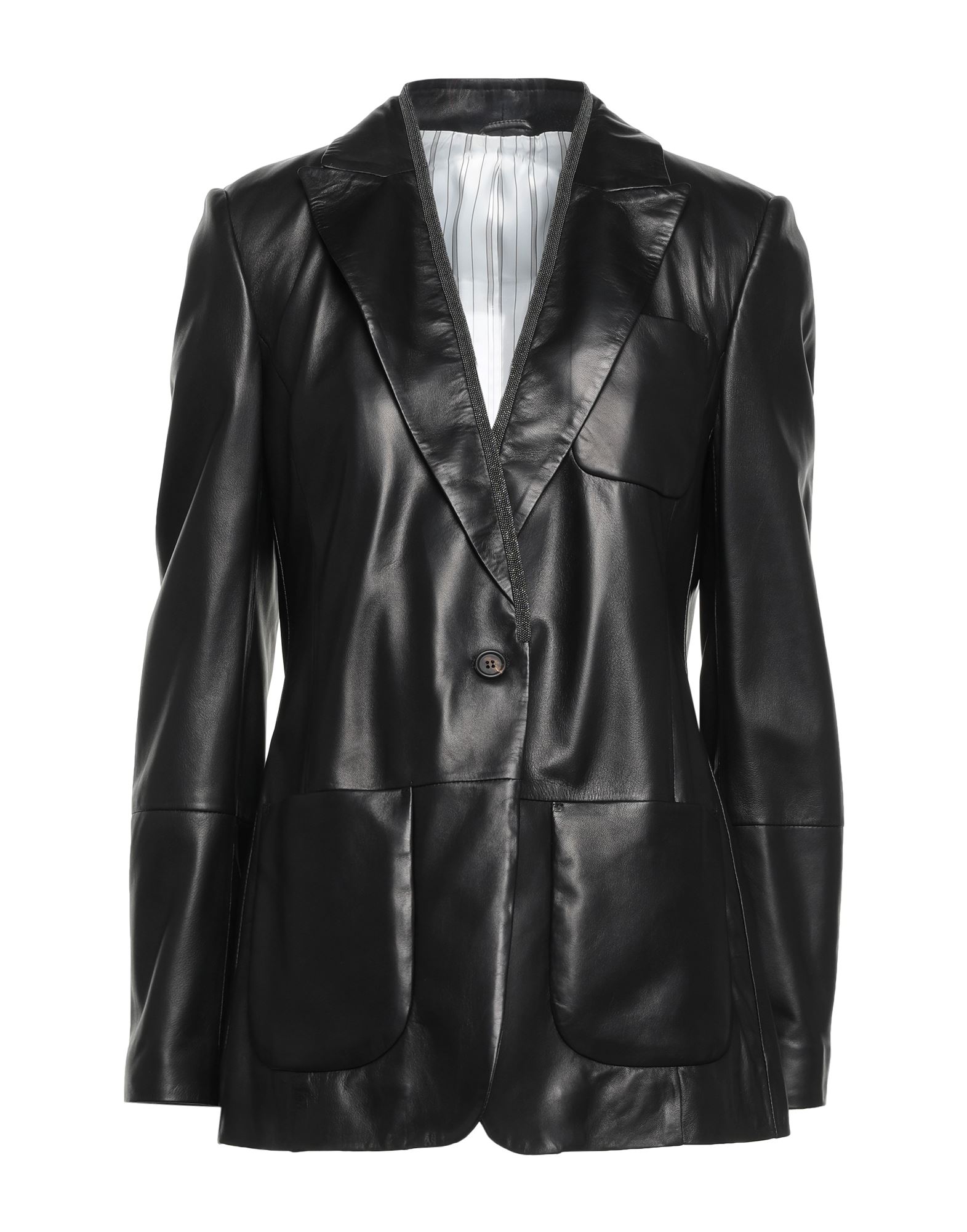＜YOOX＞ BRUNELLO CUCINELLI レディース テーラードジャケット ブラック 42 革 100% / 真鍮/ブラス画像