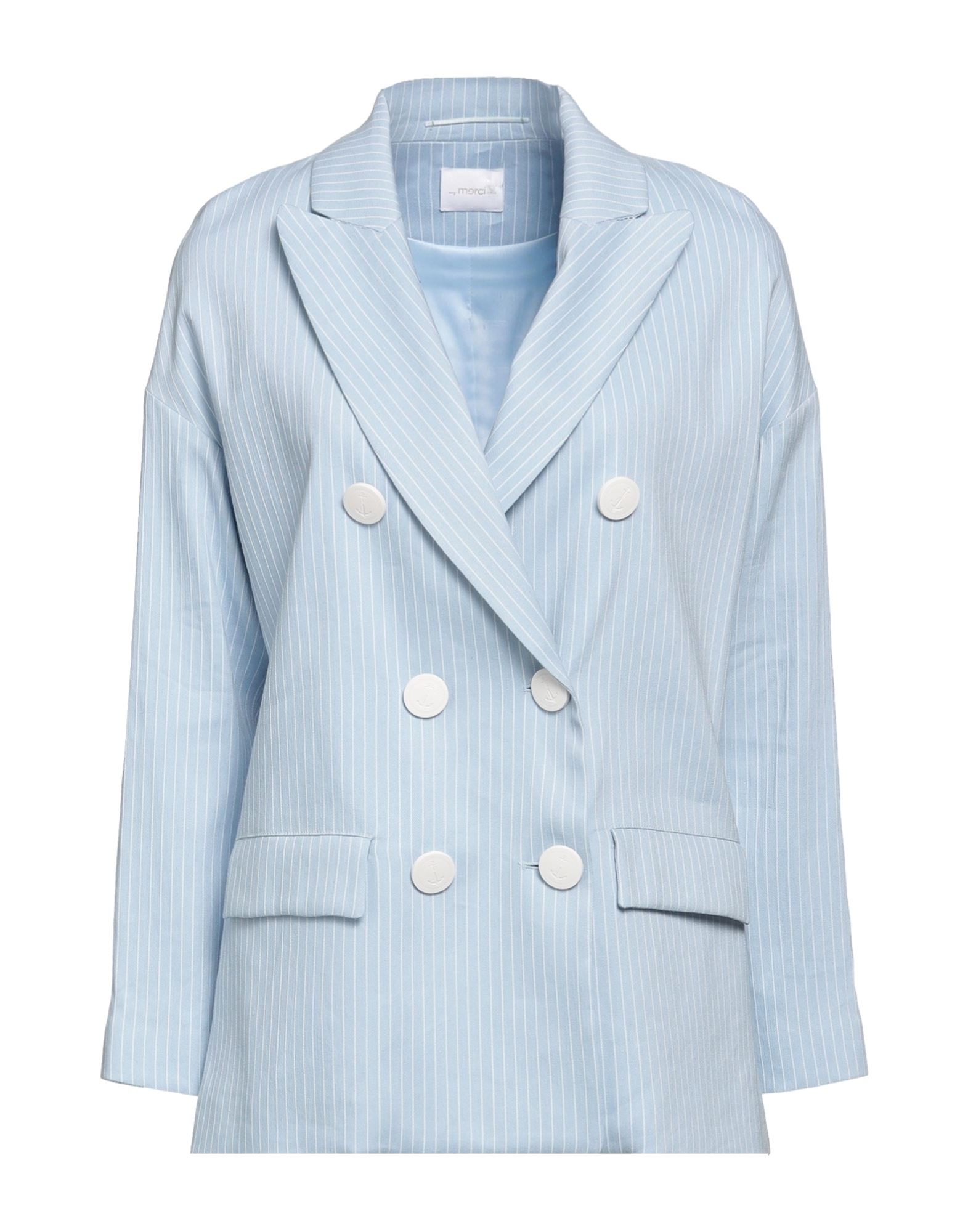 Merci .., Woman Blazer Sky Blue Size 8 Linen, Rayon, Cotton, Elastane