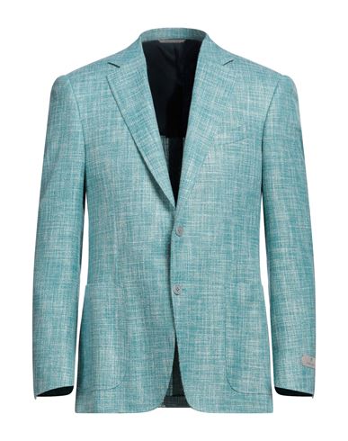 Shop Canali Man Blazer Turquoise Size 40 Wool, Cotton, Silk, Linen In Blue