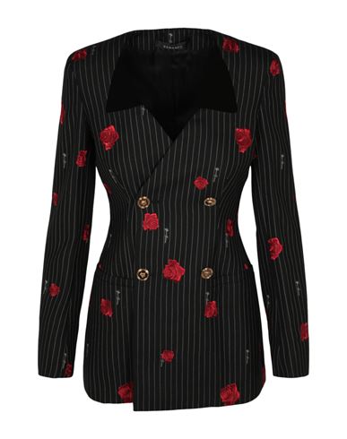 Versace Rose Print Striped Double Breasted Blazer Woman Blazer Black Size 8 Virgin Wool, Cotton