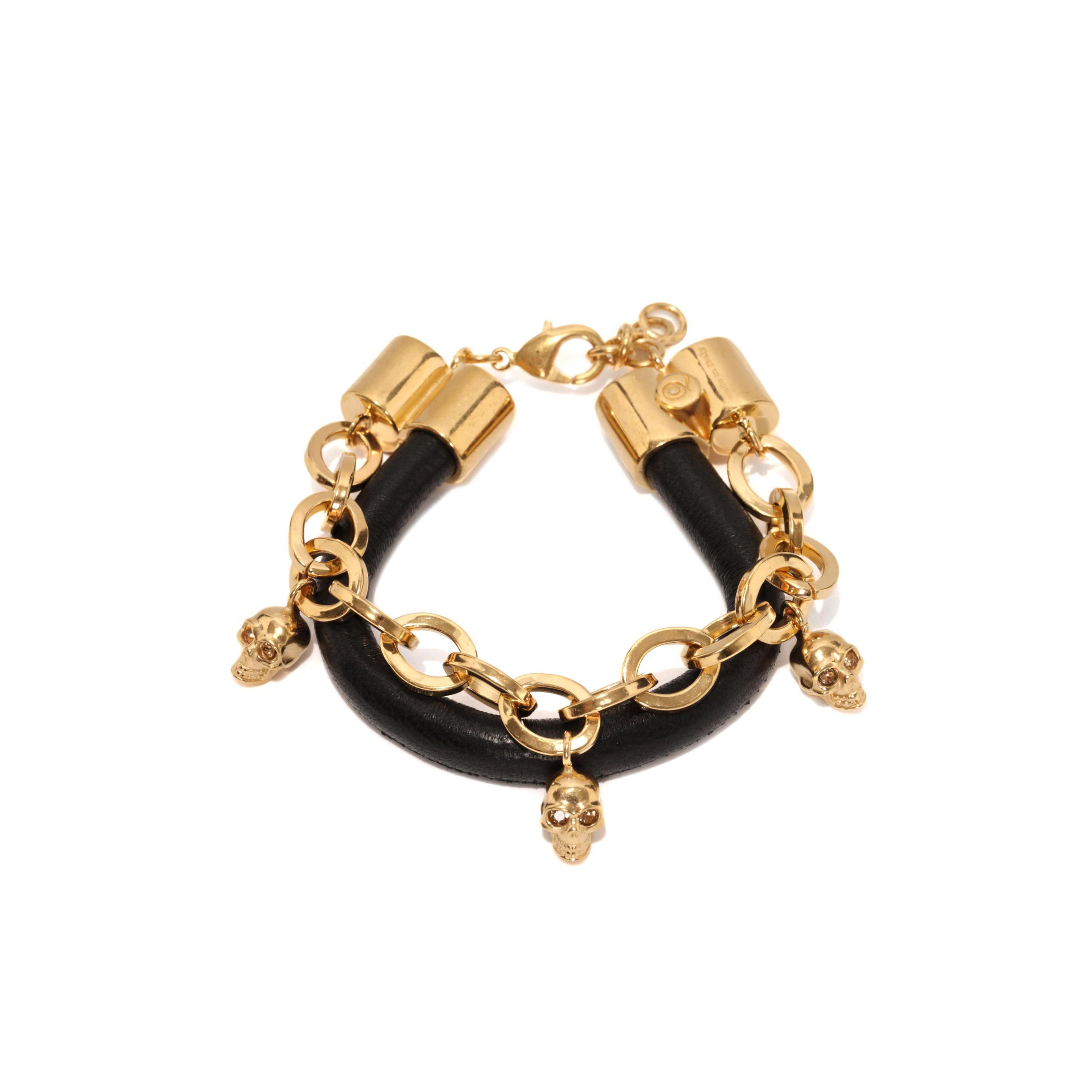 skull charm chain leather bracelet