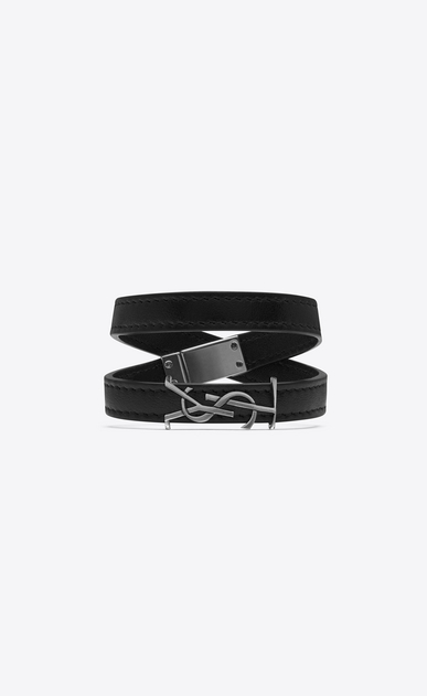 Bracelet double tour YSL en cuir noir et métal argenté brossé