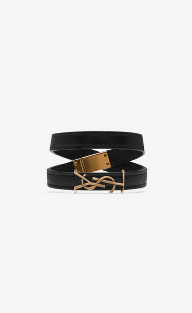 SAINT LAURENT Bracelets Cuir Femme Bracelet double tour YSL en cuir noir et métal bronze clair a_V4