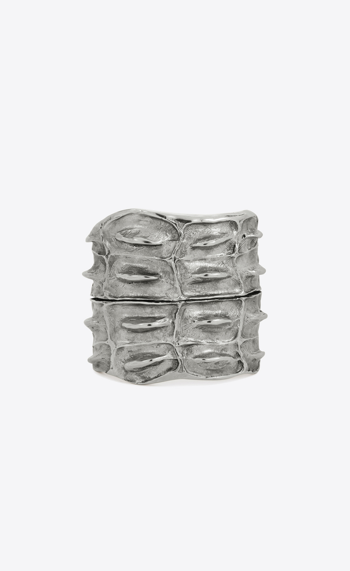 Saint Laurent CROC Cuff Bracelet In Silver Toned Brass With a Crocodile Look Texture | YSL.com CROC cuff bracelet in silver-toned... 