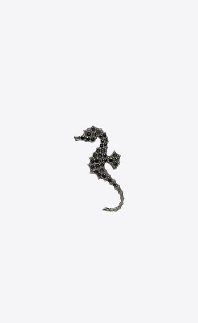 SAINT LAURENT Brooch Man Seahorse pin in silver-toned brass and black crystals a_V4
