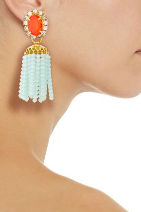 Elizabeth Cole 24-karat Gold-plated, Crystal, Stone And Beaded Tassel Earrings In Orange