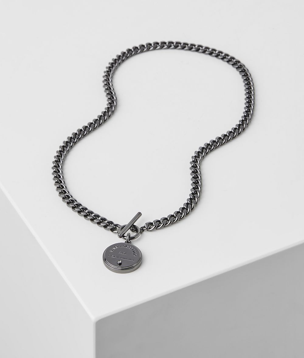 Karl Lagerfeld Donna Collana A Catena Con Medaglione Rue St-guillaume Gunmetal 100% Ottone, Swarovski, Taglia: OneSize