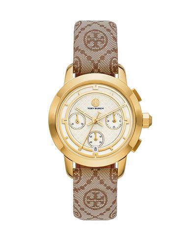 Tory Burch The Tory Chronograph Watch With Claret Red Jacquard And Leather Strap In Beige