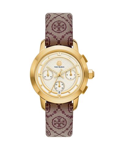 Tory Burch The Tory Chronograph Watch With Claret Red Jacquard And Leather Strap In Red
