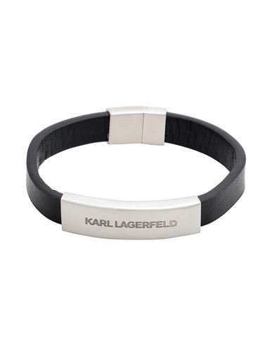 Karl Lagerfeld K/id Plaque Leather Bracelet Man Bracelet Black Size M Steel, Soft Leather