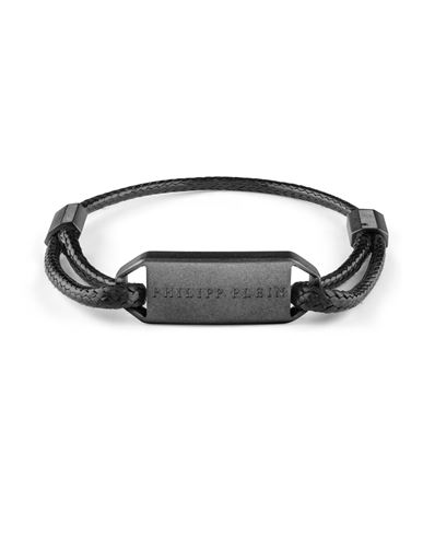 Philipp Plein Gunmetal Ip Stainless Steel Logo Leather Flex Bracelet