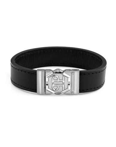 Philipp Plein Hexagon Tactical Buckle Leather Bracelet Man Bracelet Silver Size L Calfskin In Black
