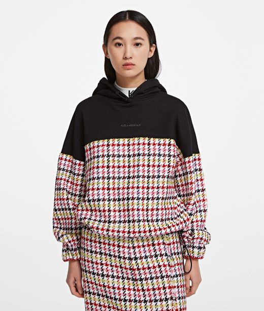 Woman Houndstooth Mixed Hoodie Black 100% Cotton - Size: XS