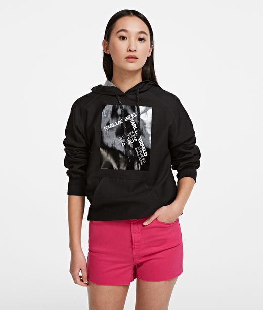 Karl Lagerfeld Mujer Sudadera Con Capucha Rue St-guillaume Negro Vaquero 68% Algodón, 25% Nailon, 5% Lyocell, 2% Elastán, Tamaño: XS