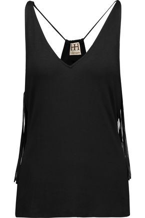 HAUTE HIPPIE WOMAN SO LETS GO DANCING FAUX LEATHER-TRIMMED FRINGED JERSEY TANK BLACK,US 22308642287778325