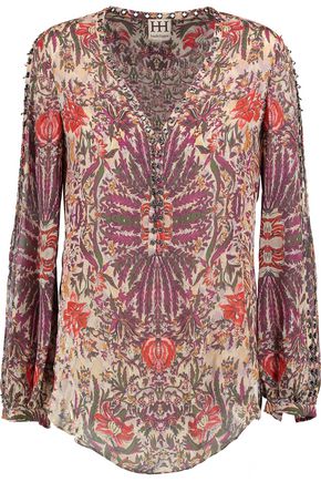 HAUTE HIPPIE Eyelet-embellished printed silk crepe de chine top