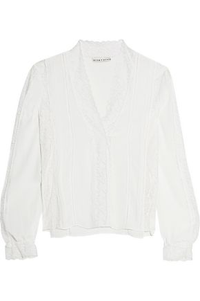 ALICE + OLIVIA Renesmee lace-paneled plissé-crepe and lace top