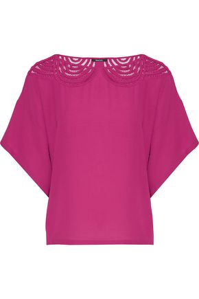 RAOUL WOMAN MALLOW OPEN-KNIT PANELED CREPE TOP MAGENTA,US 22046357004958558
