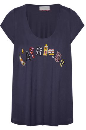 CAMILLA WOMAN L'AFRIQUE BEAD-EMBELLISHED JERSEY T-SHIRT MIDNIGHT BLUE,GB 110842752111199