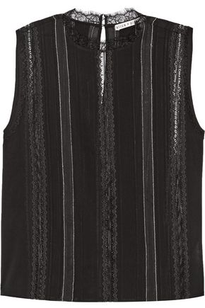 ALICE AND OLIVIA WOMAN RHONA LACE-TRIMMED SILK-BLEND CREPE DE CHINE TOP BLACK,US 1071994536093411
