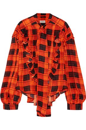 PREEN by THORNTON BREGAZZI Garrett pussy-bow checked hammered-silk blouse